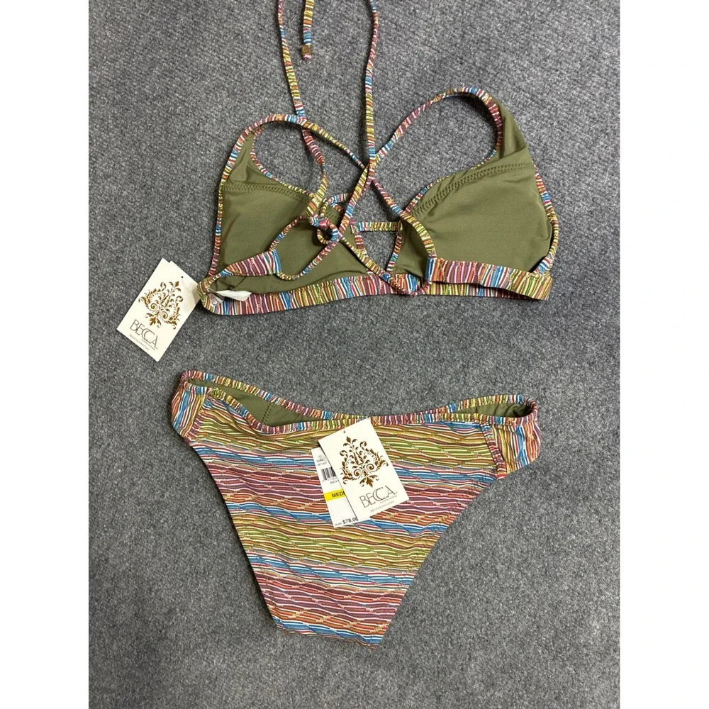 BECCA by Rebecca Virtue Adela Striped Bikini Set Multi Color Medium NWT
